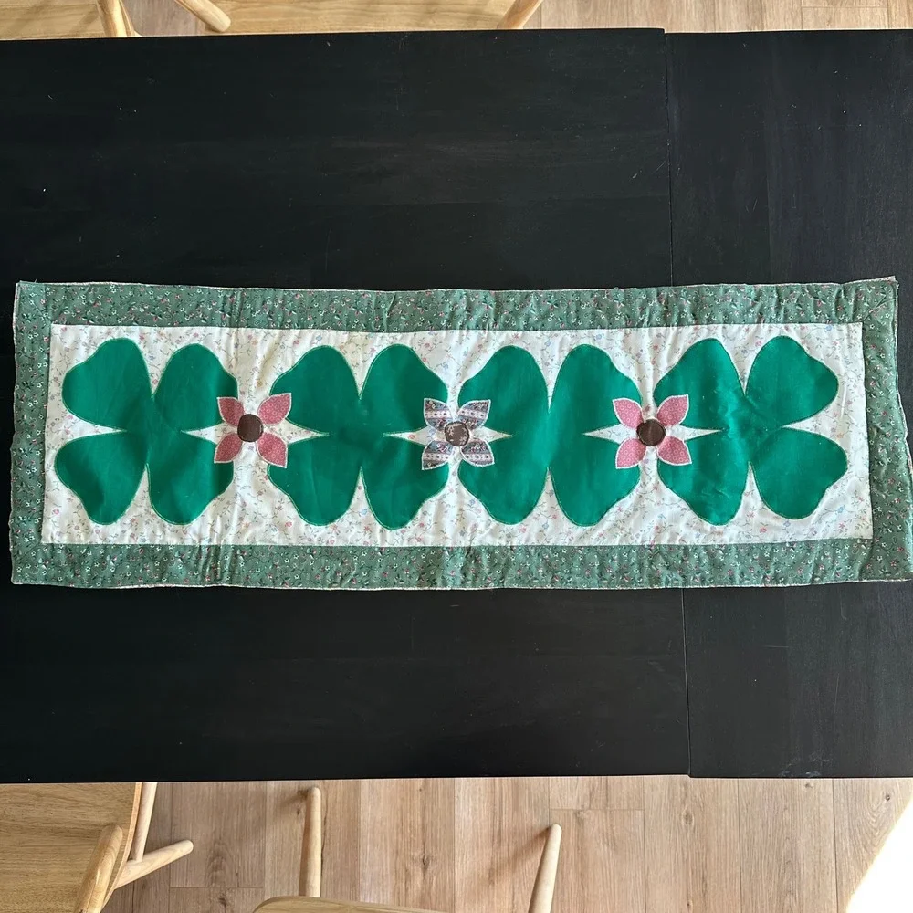 VTG Handmade Quilted Shamrock Table Runner St Patricks Day Green Floral 39x13